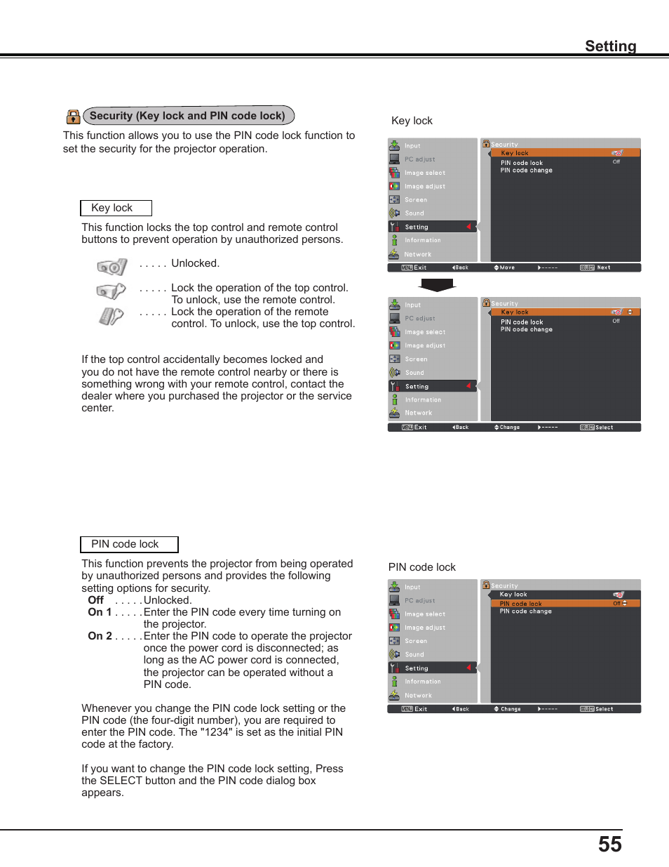 Setting | Sanyo PLC-WL2503A User Manual | Page 55 / 78
