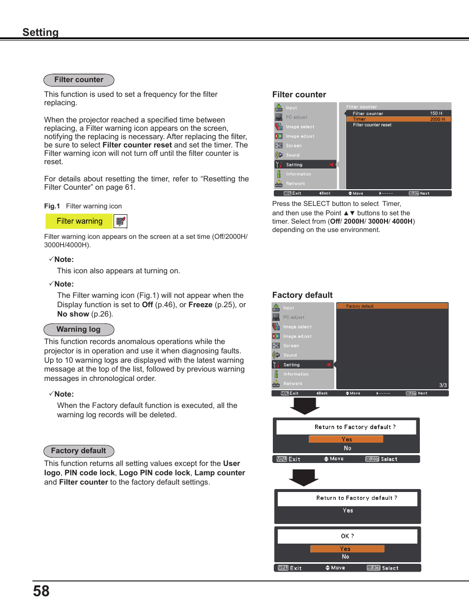 Setting | Sanyo PLC-WL2503A User Manual | Page 58 / 78