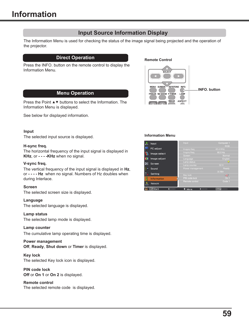 Information, Input source information display | Sanyo PLC-WL2503A User Manual | Page 59 / 78