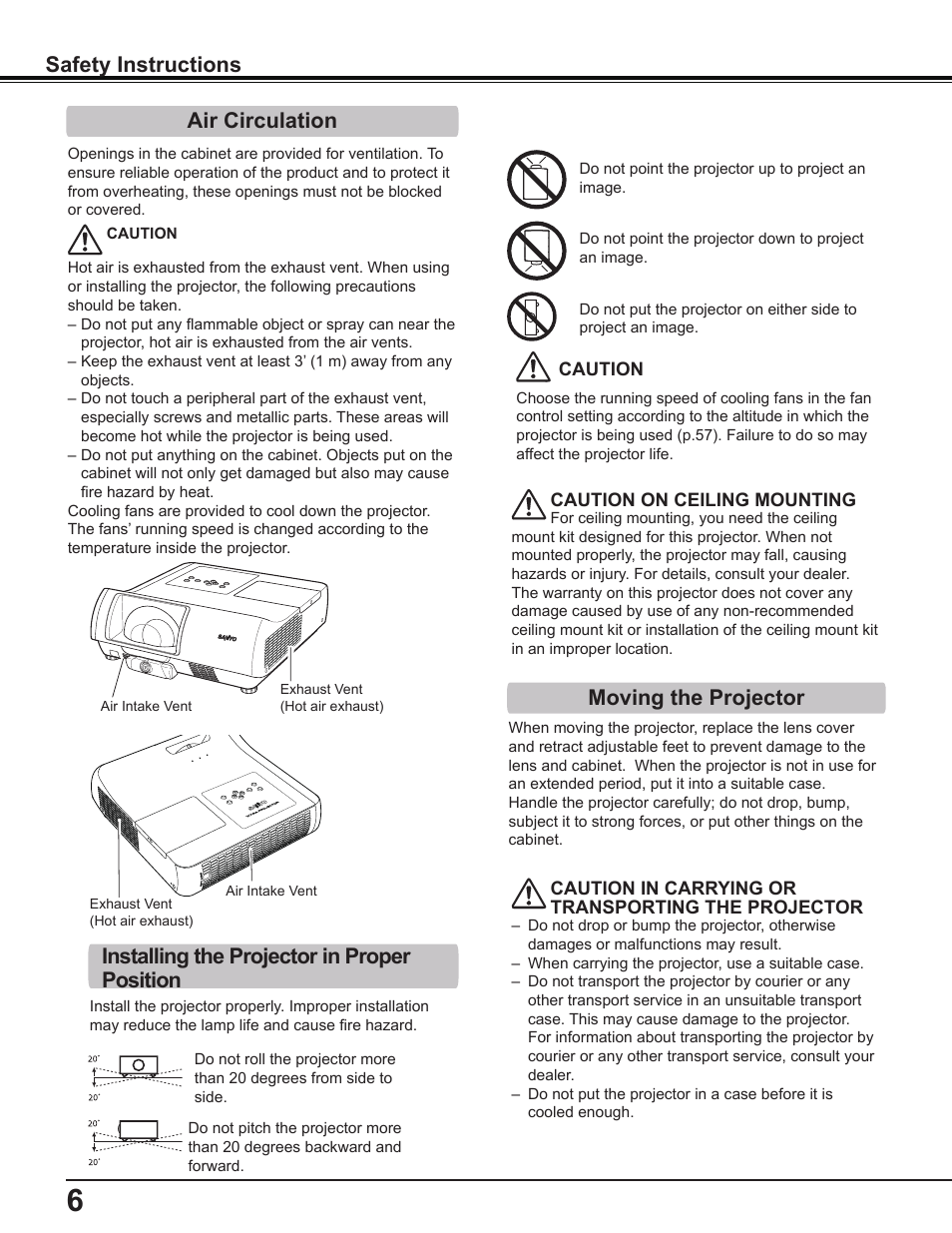 Air circulation, Installing the projector in proper position, Moving the projector | Safety instructions | Sanyo PLC-WL2503A User Manual | Page 6 / 78