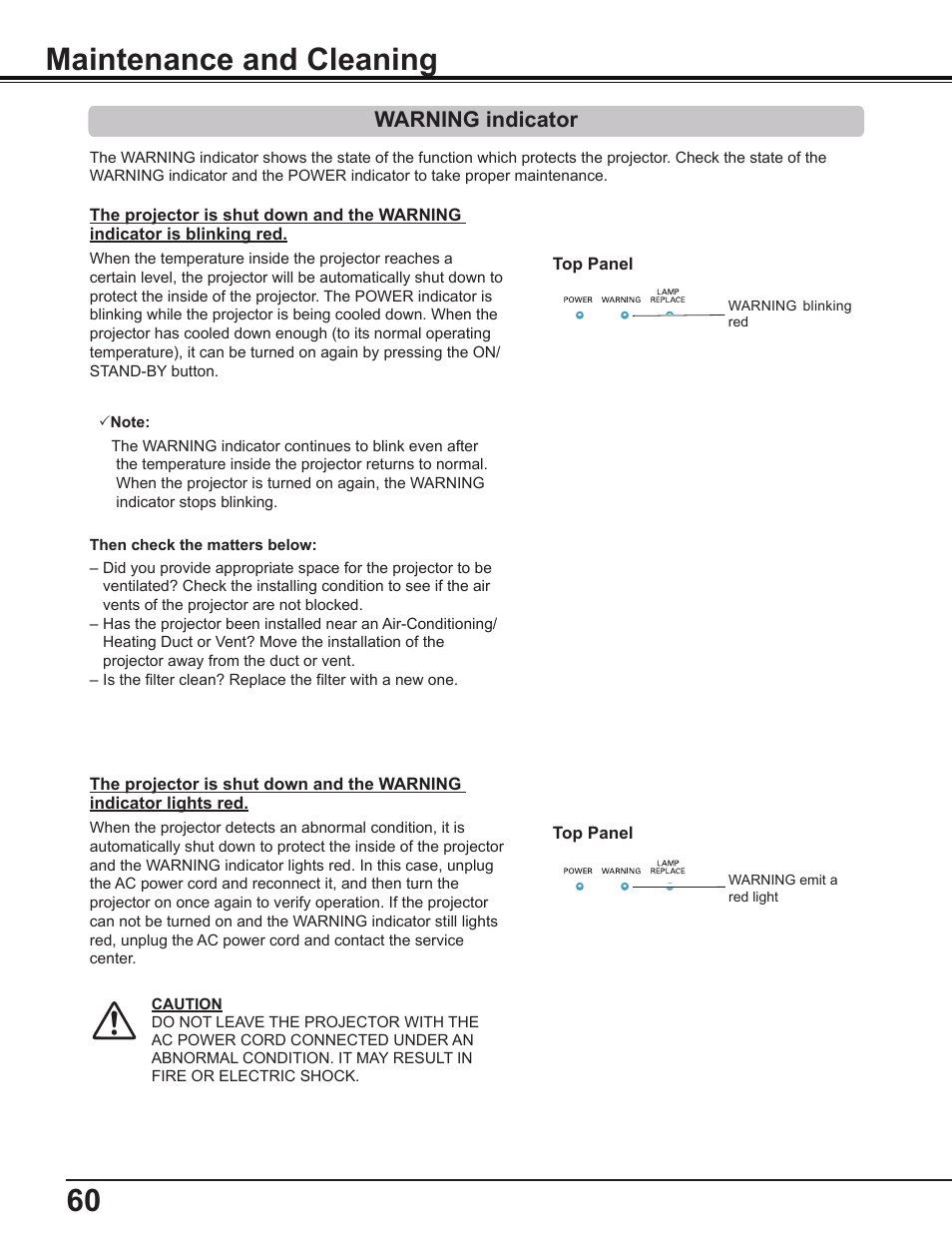 Maintenance and cleaning, Warning indicator | Sanyo PLC-WL2503A User Manual | Page 60 / 78