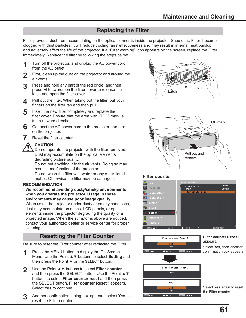 Replacing the filter, Resetting the filter counter | Sanyo PLC-WL2503A User Manual | Page 61 / 78