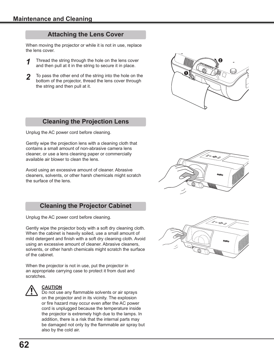 Attaching the lens cover, Cleaning the projection lens, Cleaning the projector cabinet | Maintenance and cleaning | Sanyo PLC-WL2503A User Manual | Page 62 / 78