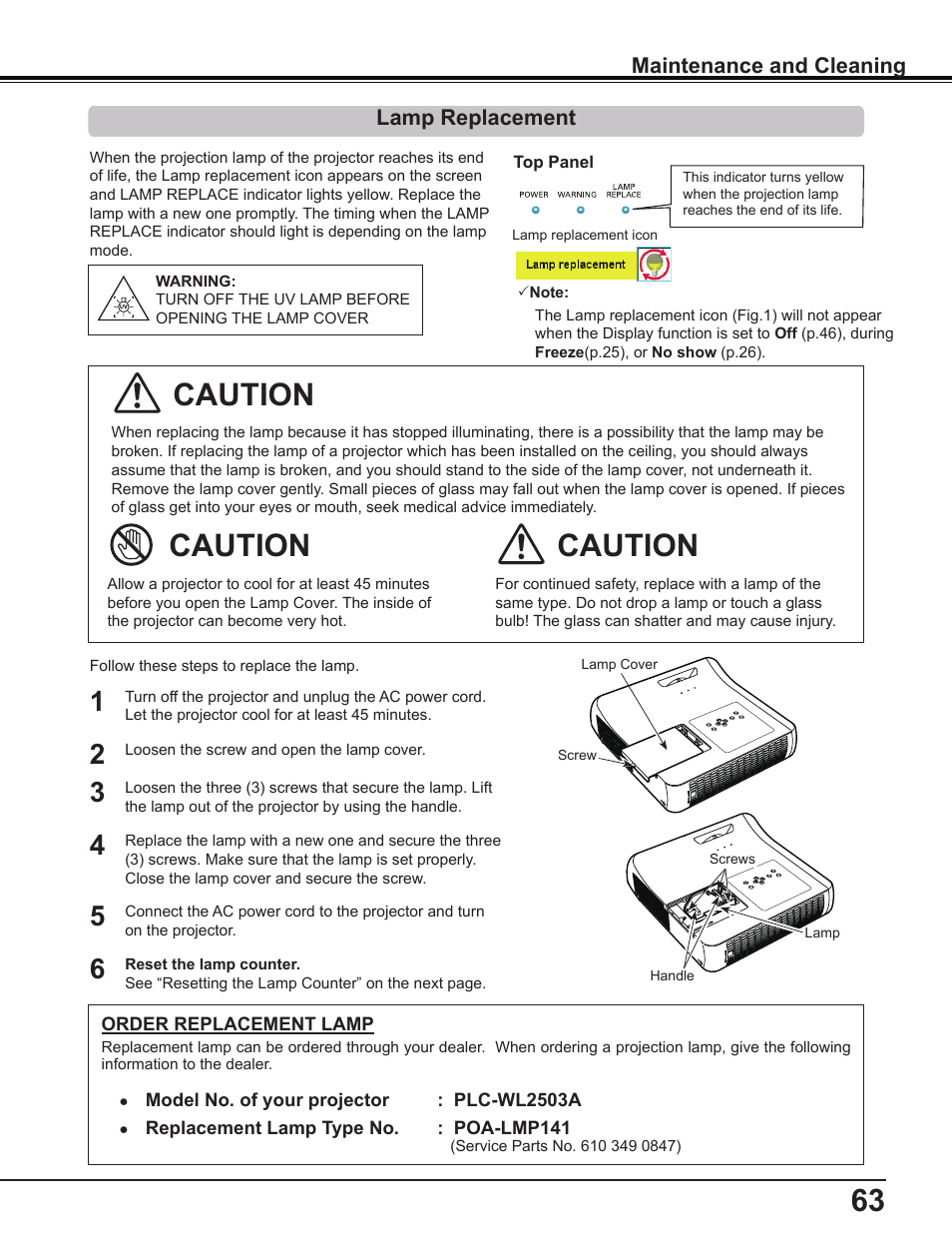 Lamp replacement, Caution, Maintenance and cleaning | Sanyo PLC-WL2503A User Manual | Page 63 / 78