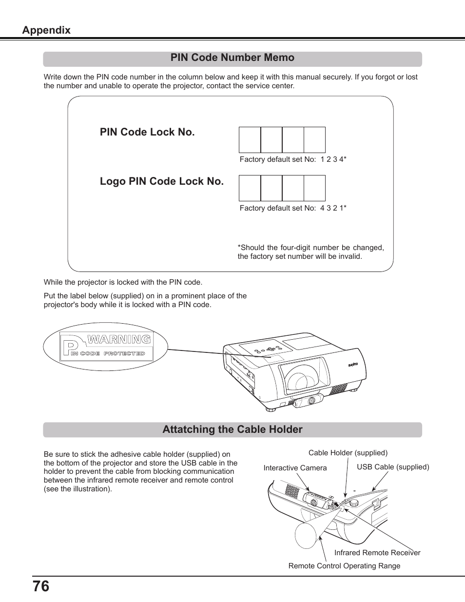 Pin code number memo, Attatching the cable holder, Pin code lock no . logo pin code lock no | Appendix attatching the cable holder | Sanyo PLC-WL2503A User Manual | Page 76 / 78
