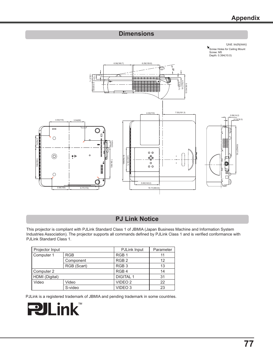 Dimensions, Pj link notice, Dimensions appendix | Sanyo PLC-WL2503A User Manual | Page 77 / 78