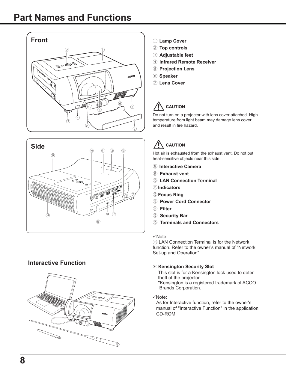 Part names and functions, Front, Side | Interactive function, 8part names and functions | Sanyo PLC-WL2503A User Manual | Page 8 / 78