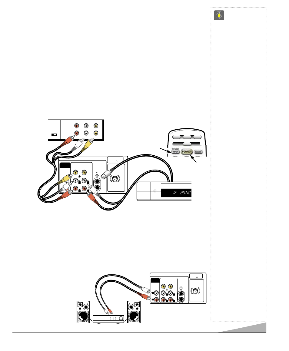 Using the a udio/ video input jacks, Using the audio output jacks, Quicktips | Connecting a vcr or other external equipment, Optional, Connecting a stereo amplifier to audio out jacks, Always match cables according to the colors, For right audio, For left audio and, For video | Sanyo DS35510 User Manual | Page 13 / 68