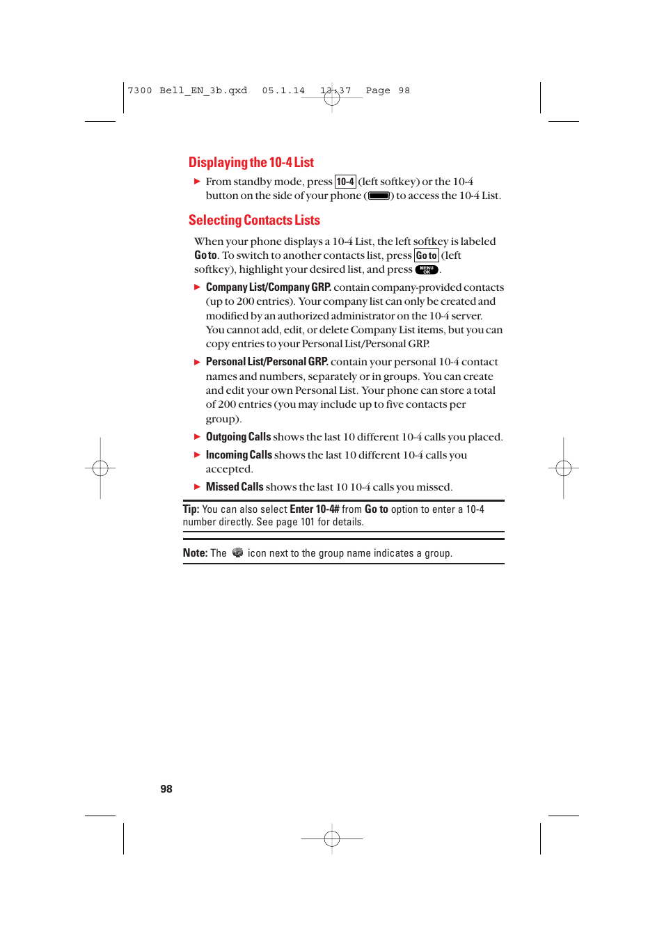 Displaying the 10-4 list, Selecting contacts lists | Sanyo SCP-7300 User Manual | Page 106 / 161