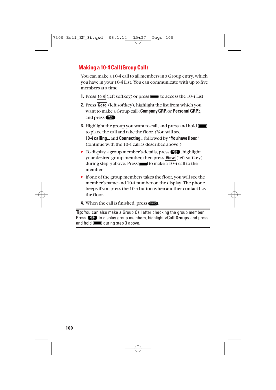 Making a 10-4 call (group call) | Sanyo SCP-7300 User Manual | Page 108 / 161