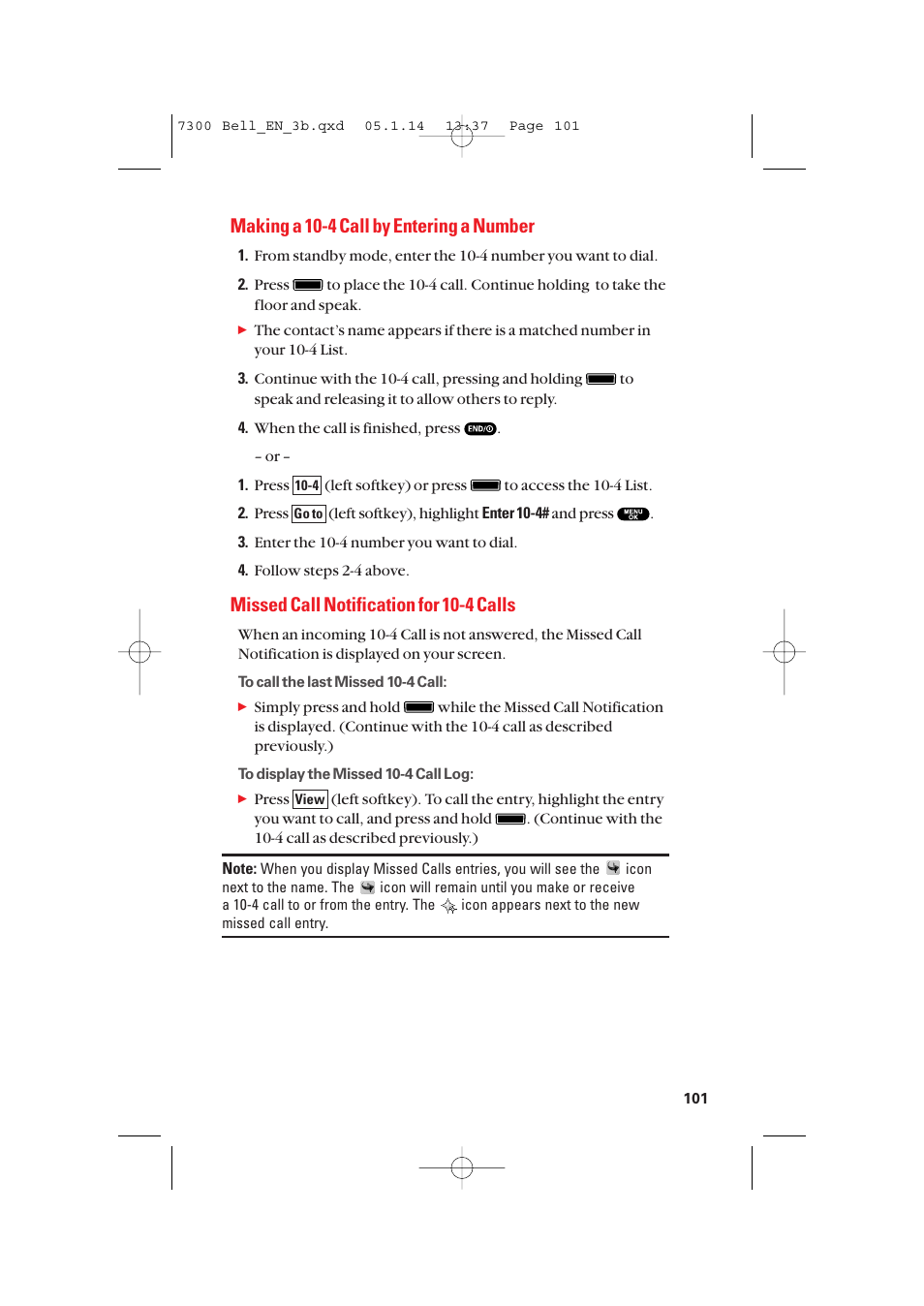 Making a 10-4 call by entering a number, Missed call notification for 10-4 calls | Sanyo SCP-7300 User Manual | Page 109 / 161