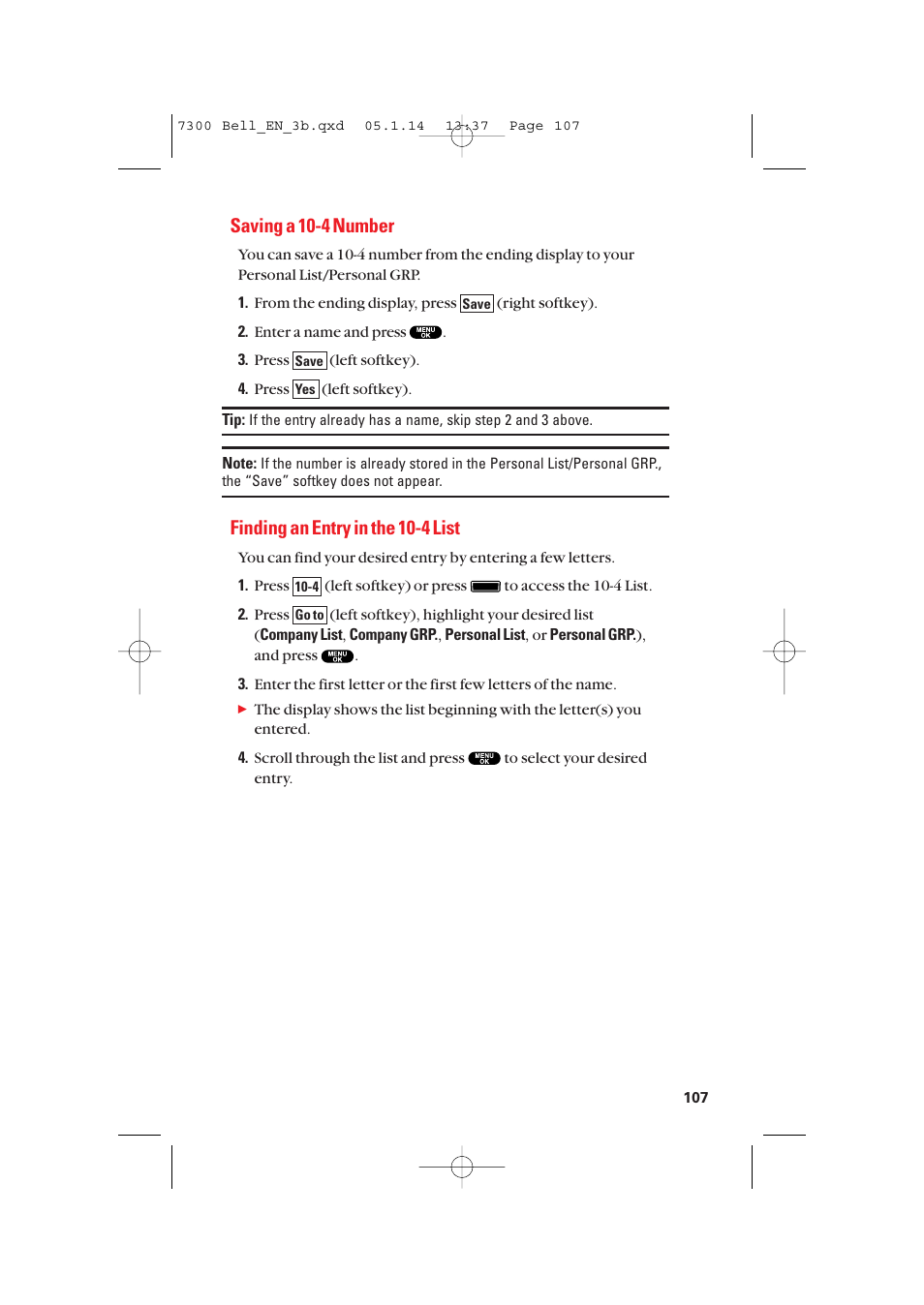 Saving a 10-4 number, Finding an entry in the 10-4 list | Sanyo SCP-7300 User Manual | Page 115 / 161