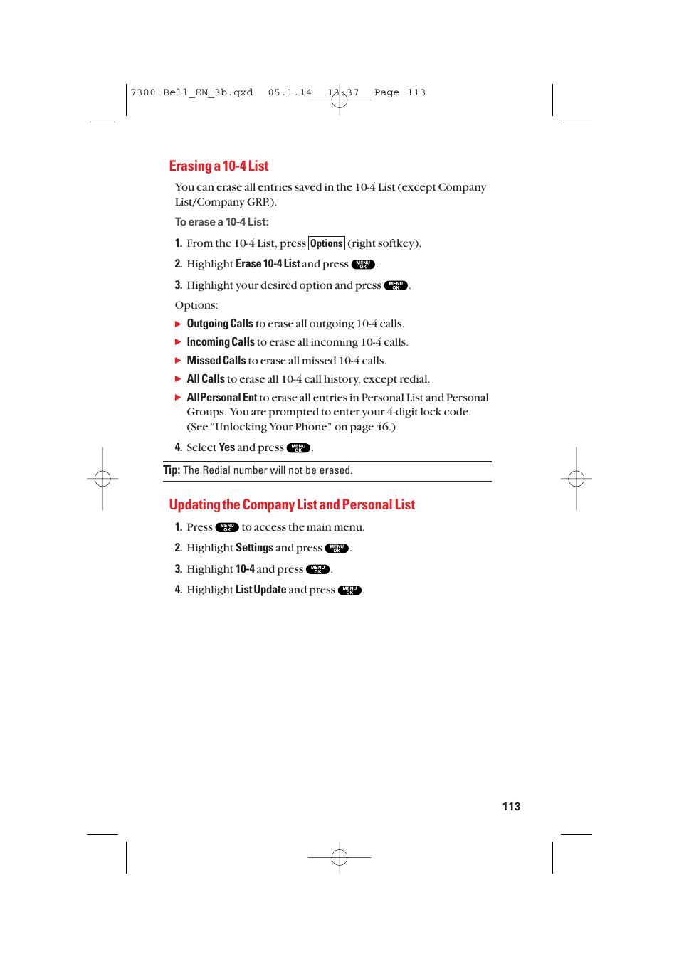 Erasing a 10-4 list, Updating the company list and personal list | Sanyo SCP-7300 User Manual | Page 121 / 161