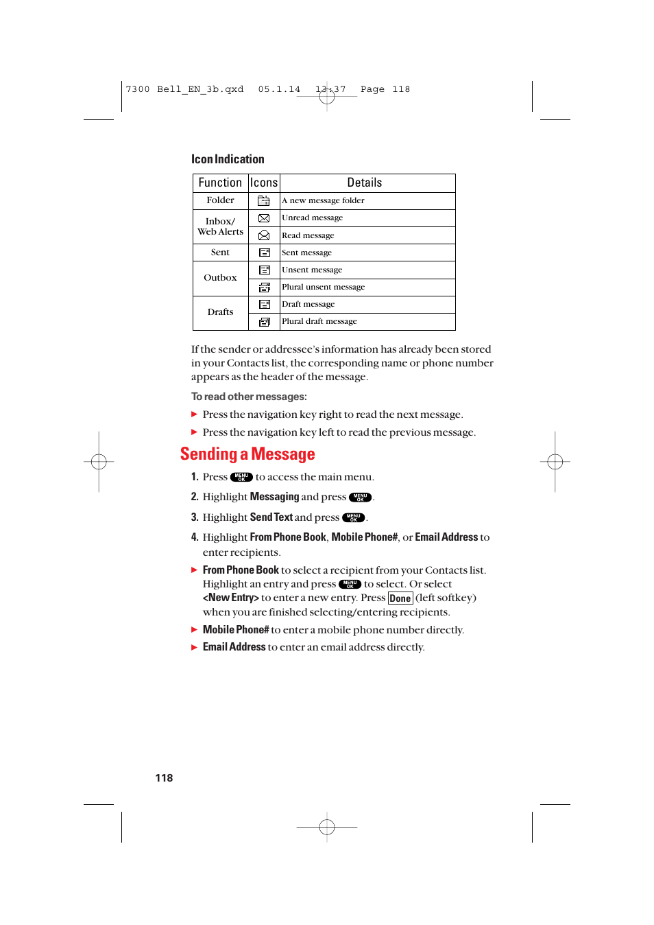 Sending a message, Icon indication, Function | Icons details | Sanyo SCP-7300 User Manual | Page 126 / 161