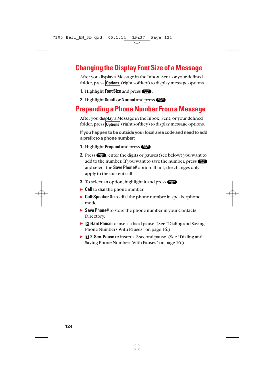 Changing the display font size of a message, Prepending a phone number from a message | Sanyo SCP-7300 User Manual | Page 132 / 161