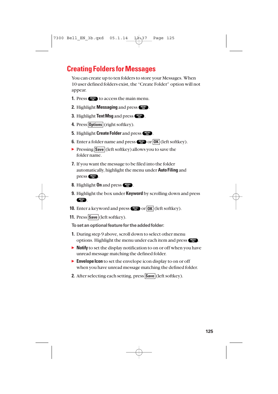 Creating folders for messages | Sanyo SCP-7300 User Manual | Page 133 / 161