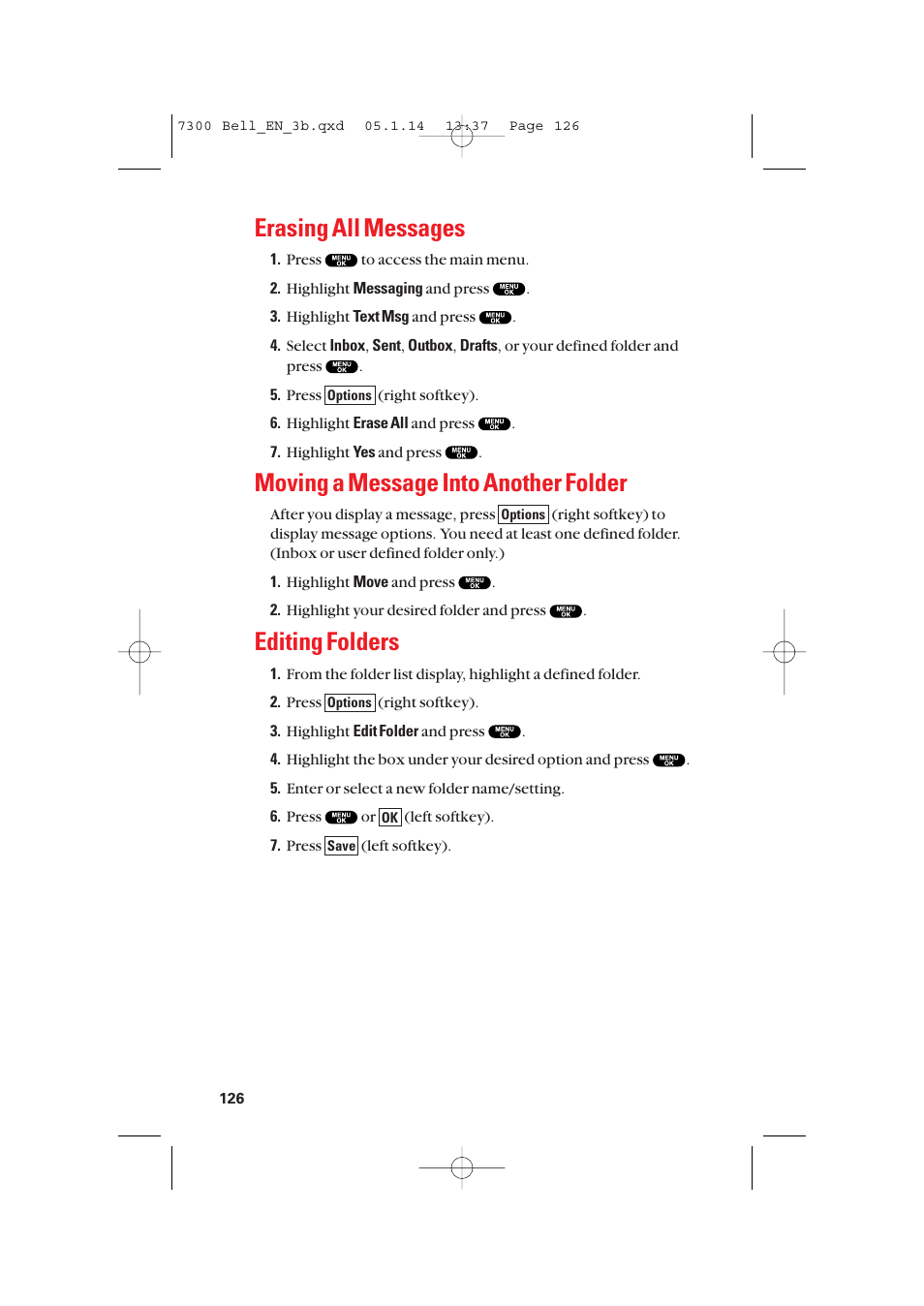 Erasing all messages, Moving a message into another folder, Editing folders | Sanyo SCP-7300 User Manual | Page 134 / 161