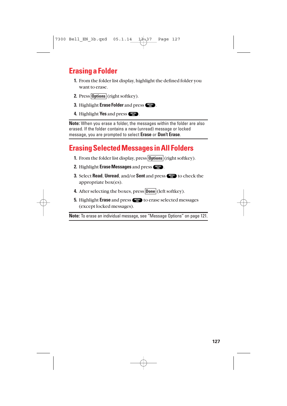 Erasing a folder, Erasing selected messages in all folders | Sanyo SCP-7300 User Manual | Page 135 / 161