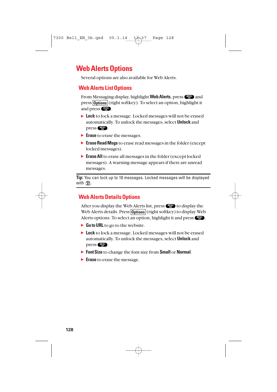 Web alerts options, Web alerts list options, Web alerts details options | Sanyo SCP-7300 User Manual | Page 136 / 161