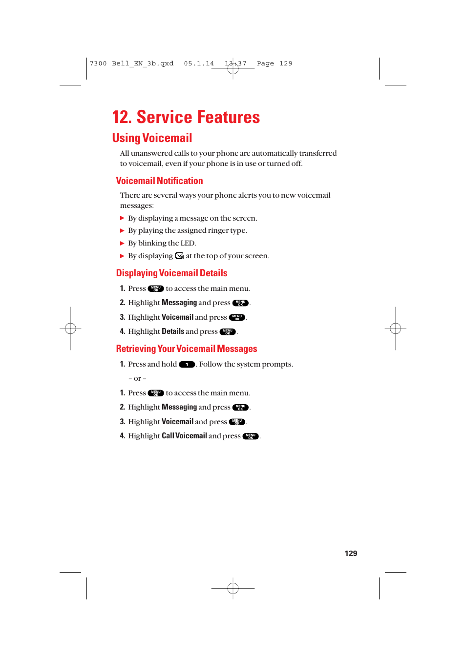 Service features, Using voicemail, Voicemail notification | Displaying voicemail details, Retrieving your voicemail messages | Sanyo SCP-7300 User Manual | Page 137 / 161