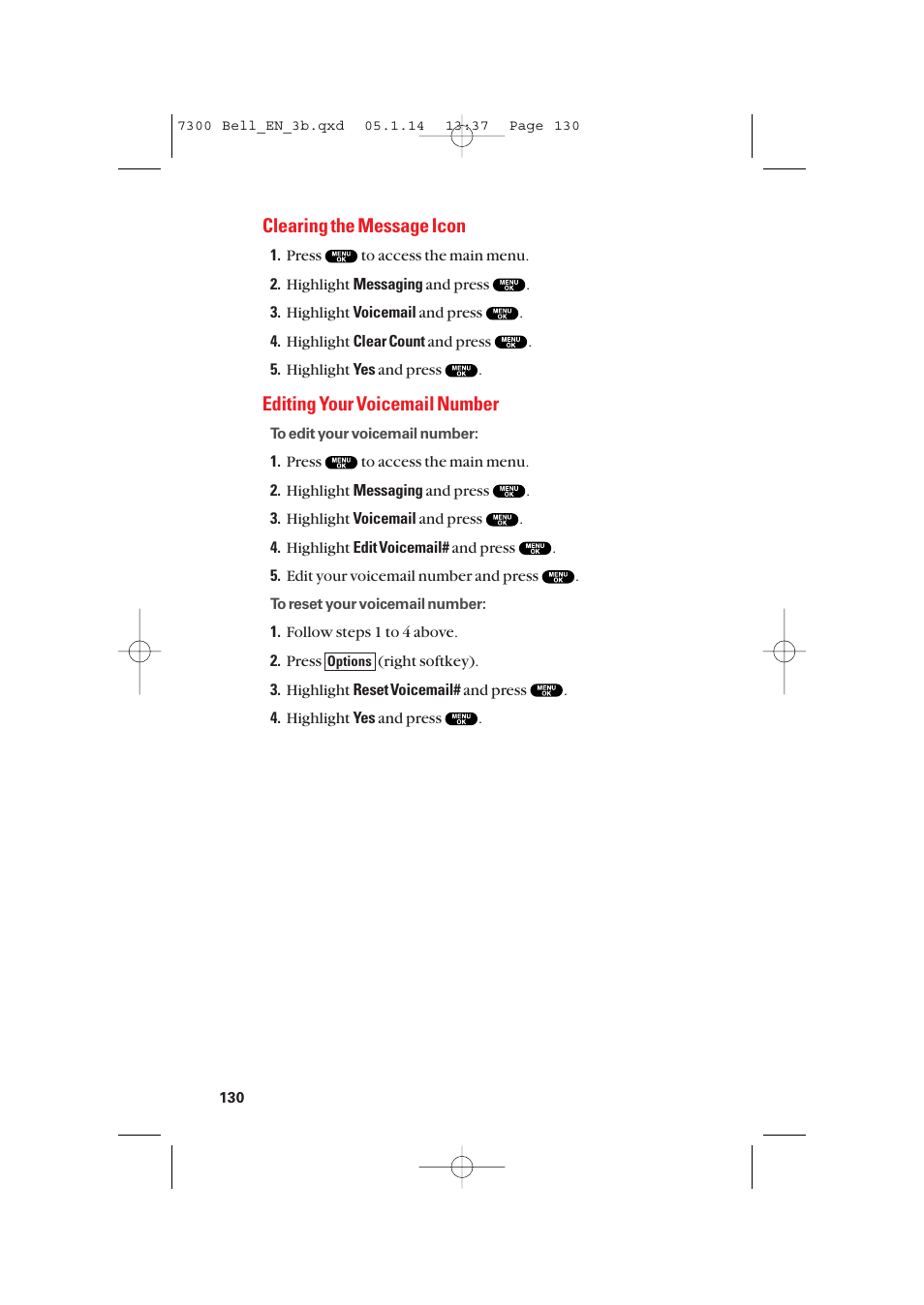 Clearing the message icon, Editing your voicemail number | Sanyo SCP-7300 User Manual | Page 138 / 161