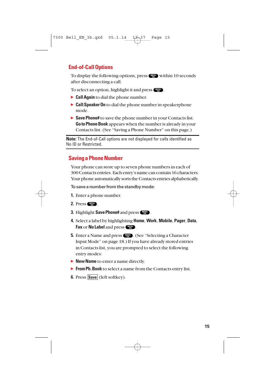 End-of-call options, Saving a phone number | Sanyo SCP-7300 User Manual | Page 23 / 161
