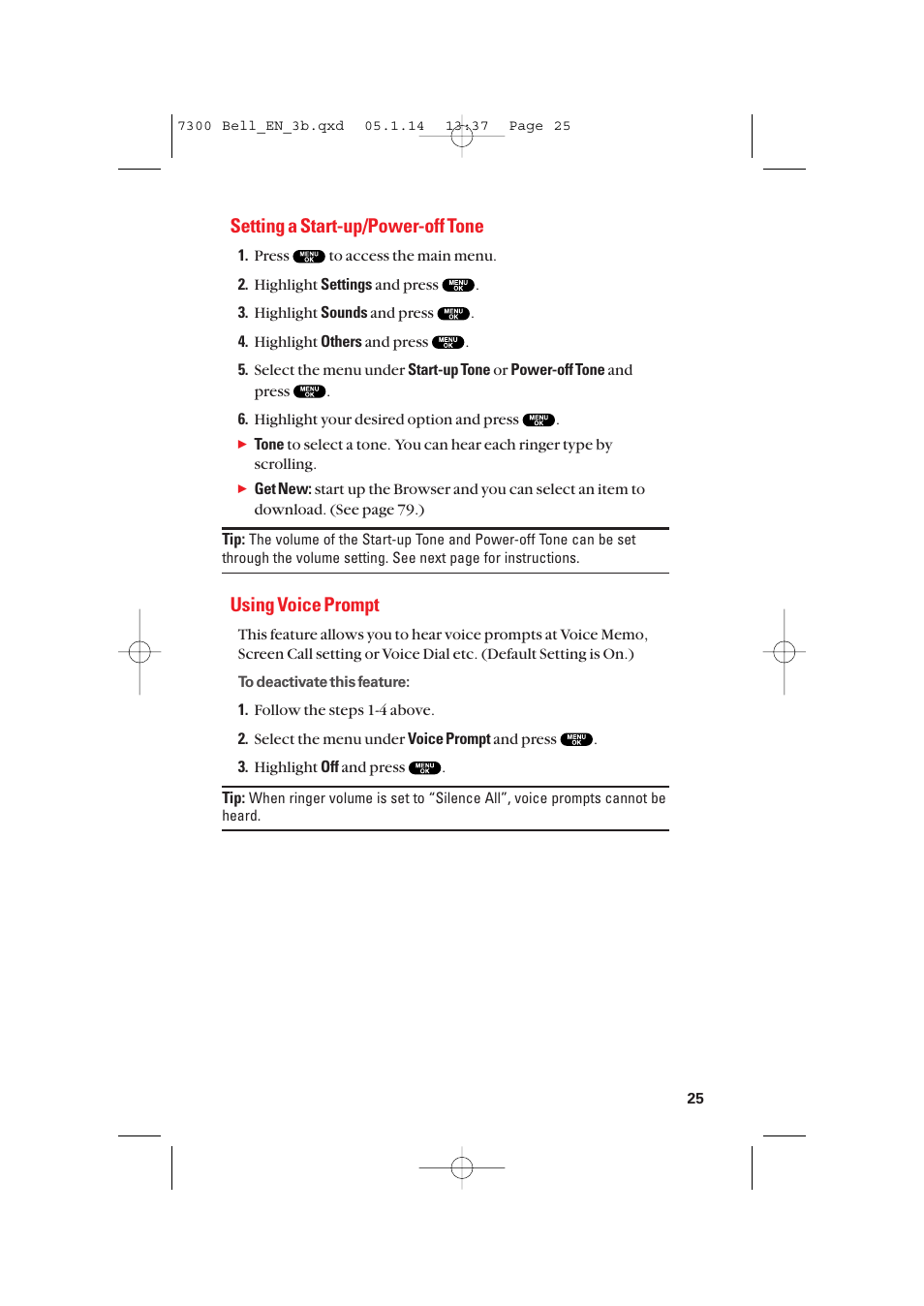 Setting a start-up/power-off tone, Using voice prompt | Sanyo SCP-7300 User Manual | Page 33 / 161