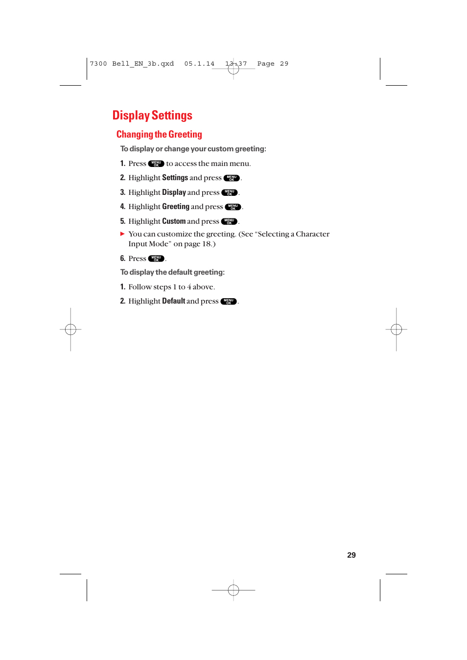 Display settings, Changing the greeting | Sanyo SCP-7300 User Manual | Page 37 / 161