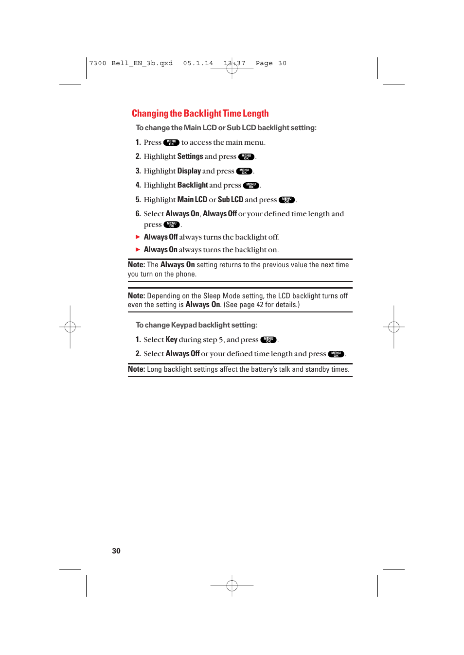 Changing the backlight time length | Sanyo SCP-7300 User Manual | Page 38 / 161