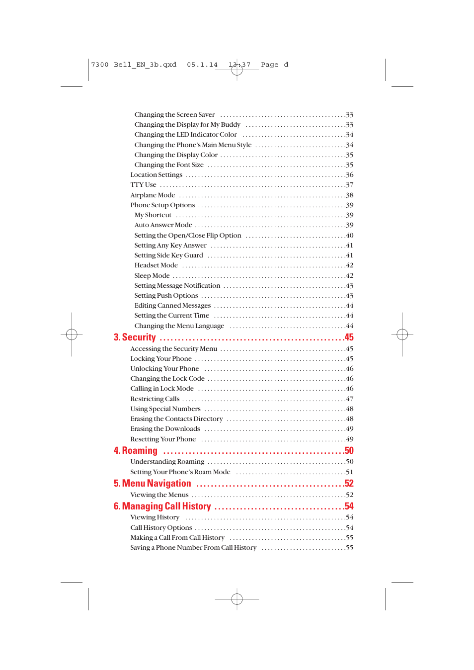 Security, Roaming, Menu navigation | Managing call history | Sanyo SCP-7300 User Manual | Page 4 / 161