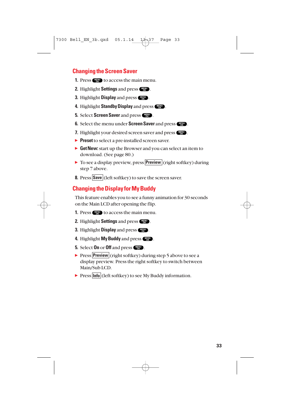 Changing the screen saver, Changing the display for my buddy | Sanyo SCP-7300 User Manual | Page 41 / 161
