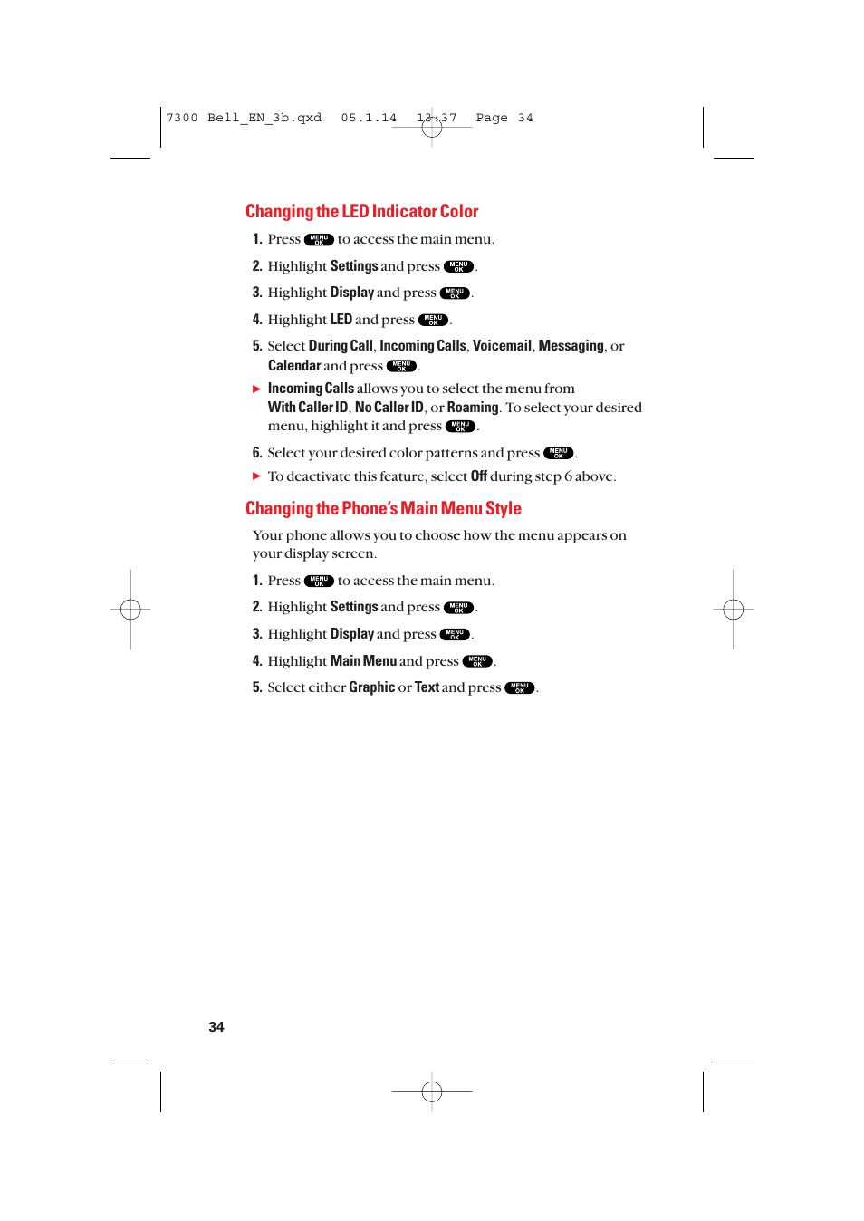 Changing the led indicator color, Changing the phone’s main menu style | Sanyo SCP-7300 User Manual | Page 42 / 161
