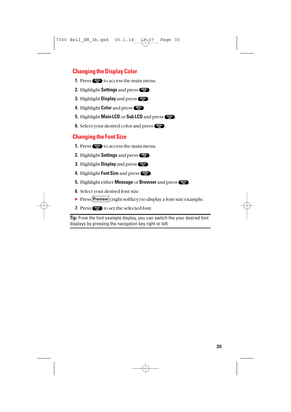 Changing the display color, Changing the font size | Sanyo SCP-7300 User Manual | Page 43 / 161