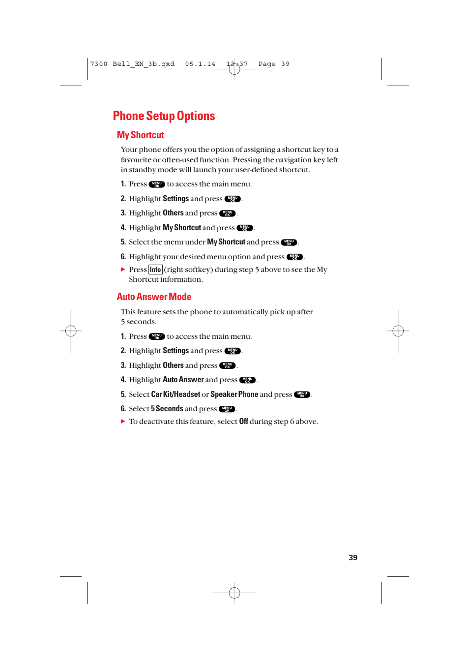 Phone setup options, My shortcut, Auto answer mode | Sanyo SCP-7300 User Manual | Page 47 / 161