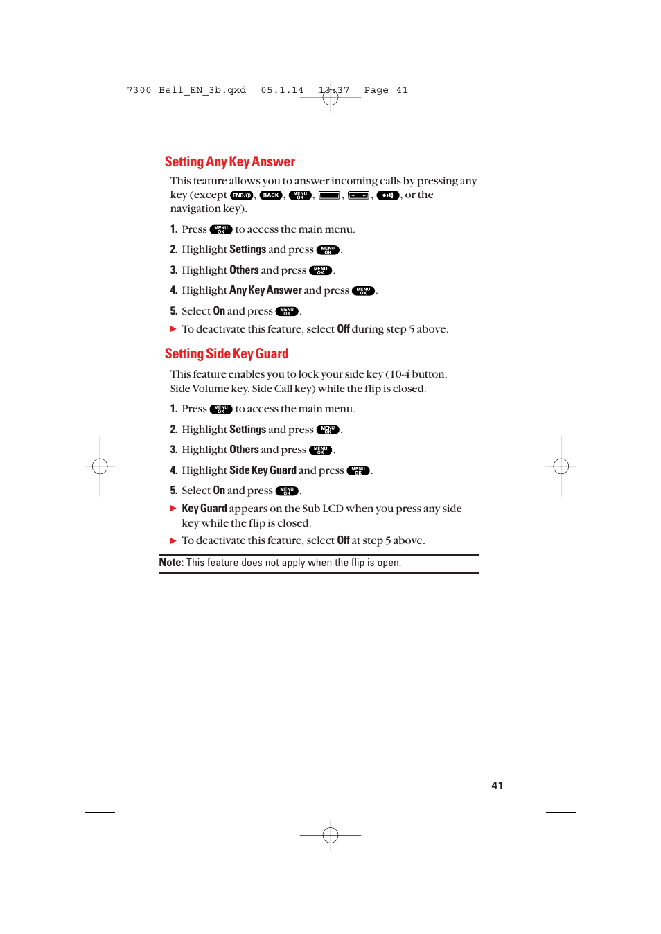 Setting any key answer, Setting side key guard | Sanyo SCP-7300 User Manual | Page 49 / 161