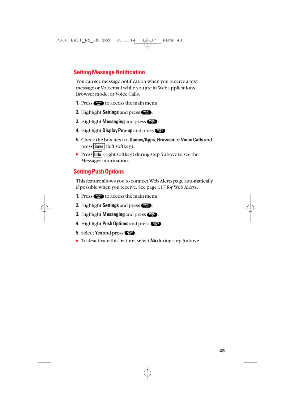 Setting message notification, Setting push options | Sanyo SCP-7300 User Manual | Page 51 / 161