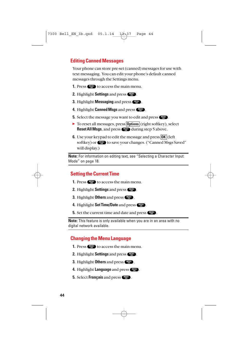 Editing canned messages, Setting the current time, Changing the menu language | Sanyo SCP-7300 User Manual | Page 52 / 161