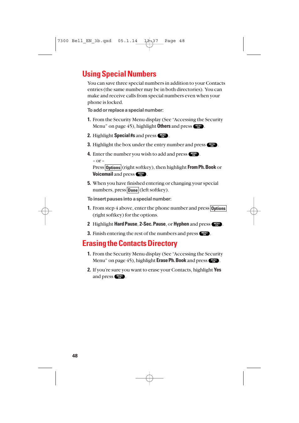 Using special numbers, Erasing the contacts directory | Sanyo SCP-7300 User Manual | Page 56 / 161
