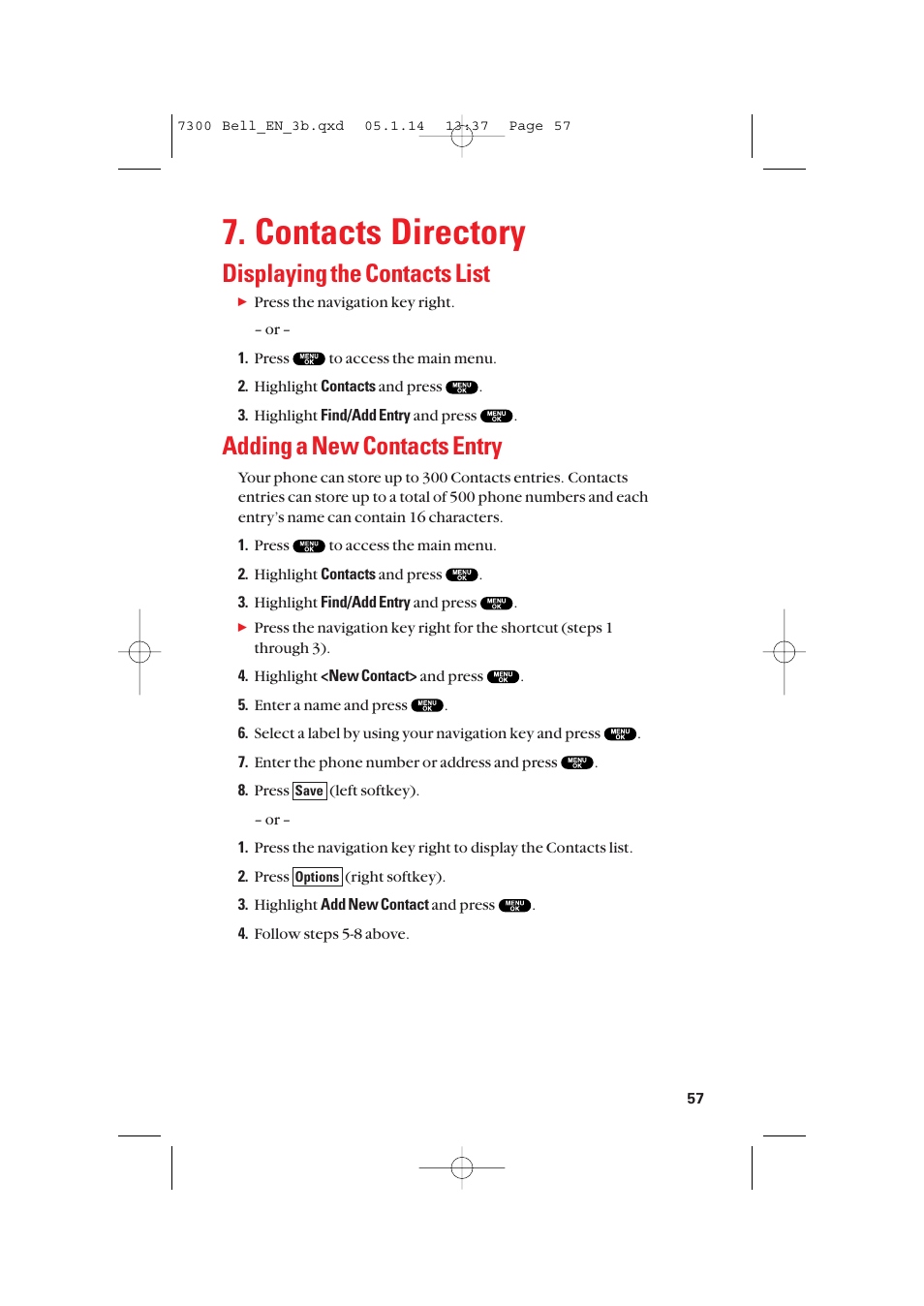 Contacts directory, Displaying the contacts list, Adding a new contacts entry | Sanyo SCP-7300 User Manual | Page 65 / 161