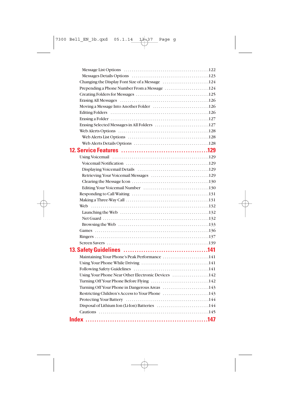 Service features, Safety guidelines, Index | Sanyo SCP-7300 User Manual | Page 7 / 161