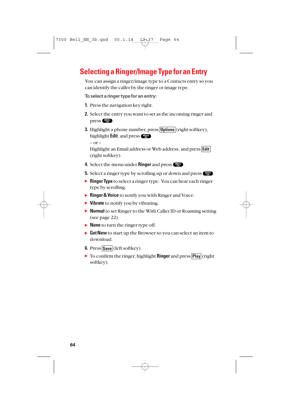 Selecting a ringer/image type for an entry | Sanyo SCP-7300 User Manual | Page 72 / 161