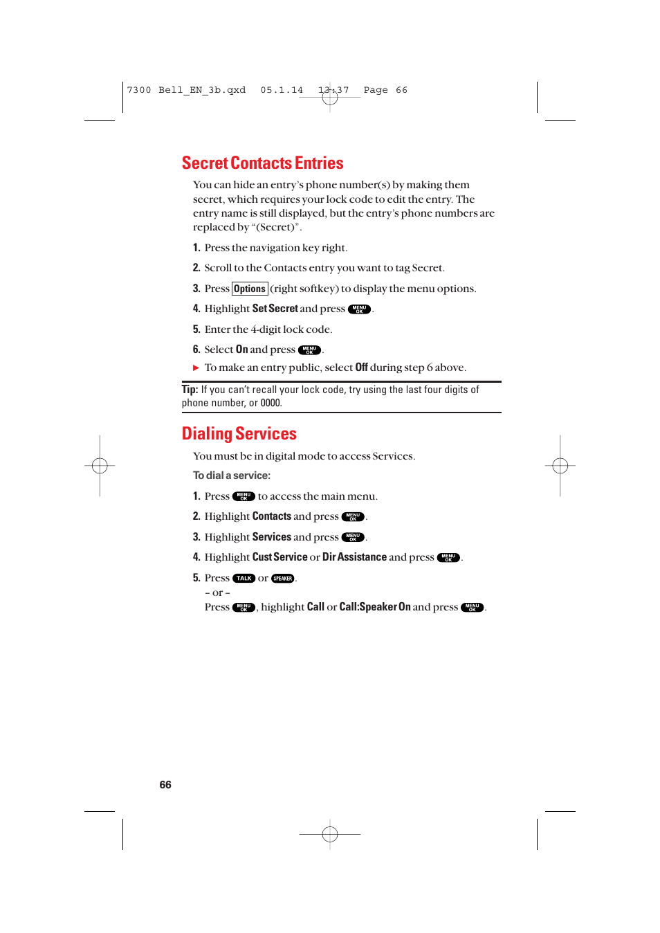 Secret contacts entries, Dialing services | Sanyo SCP-7300 User Manual | Page 74 / 161