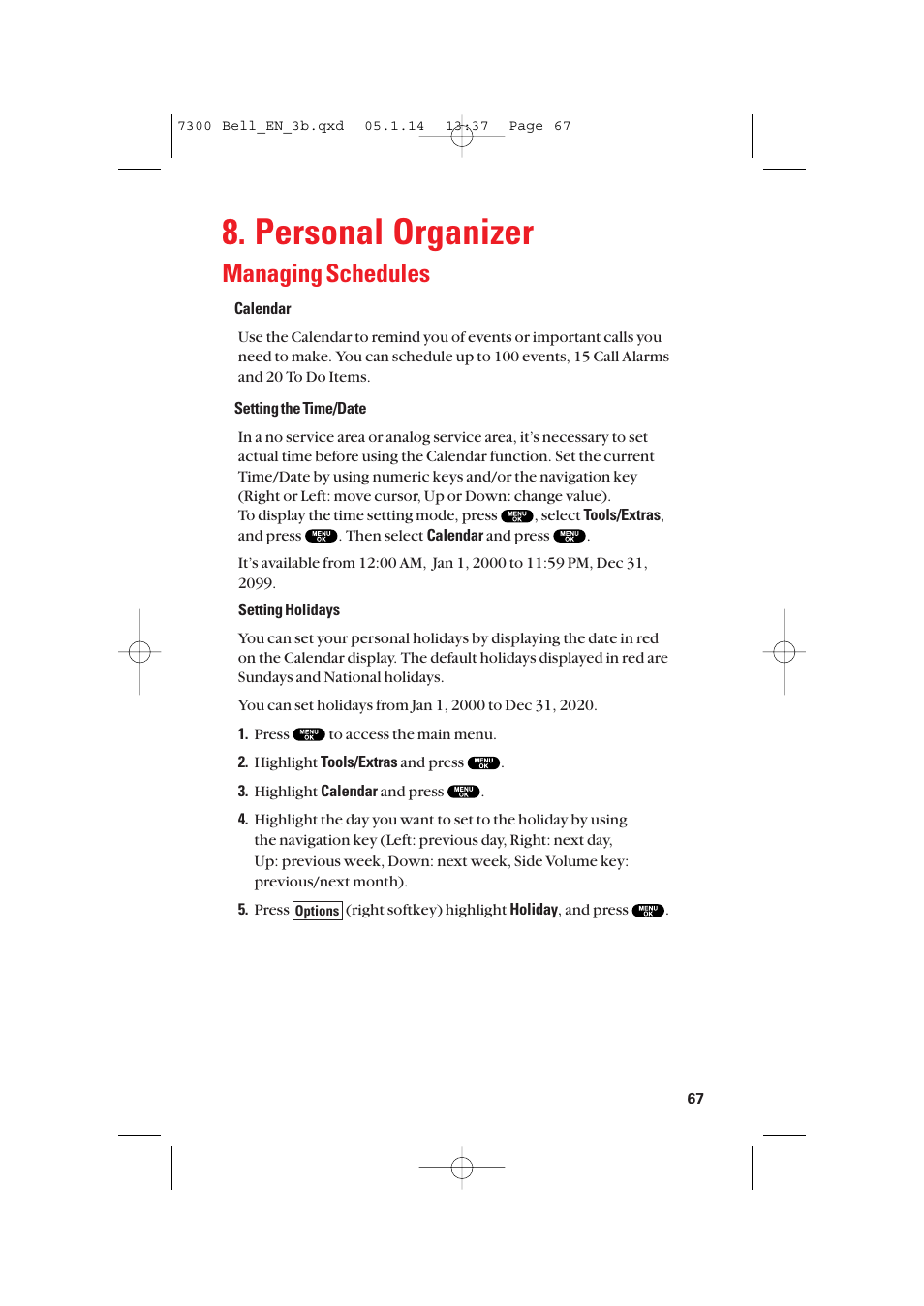 Personal organizer, Managing schedules | Sanyo SCP-7300 User Manual | Page 75 / 161