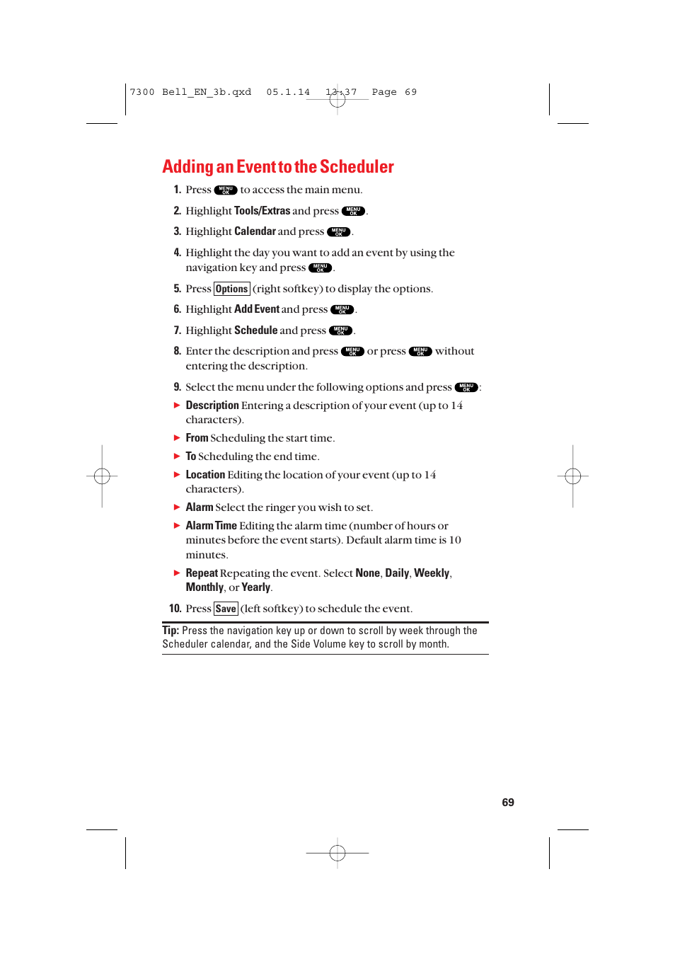 Adding an event to the scheduler | Sanyo SCP-7300 User Manual | Page 77 / 161