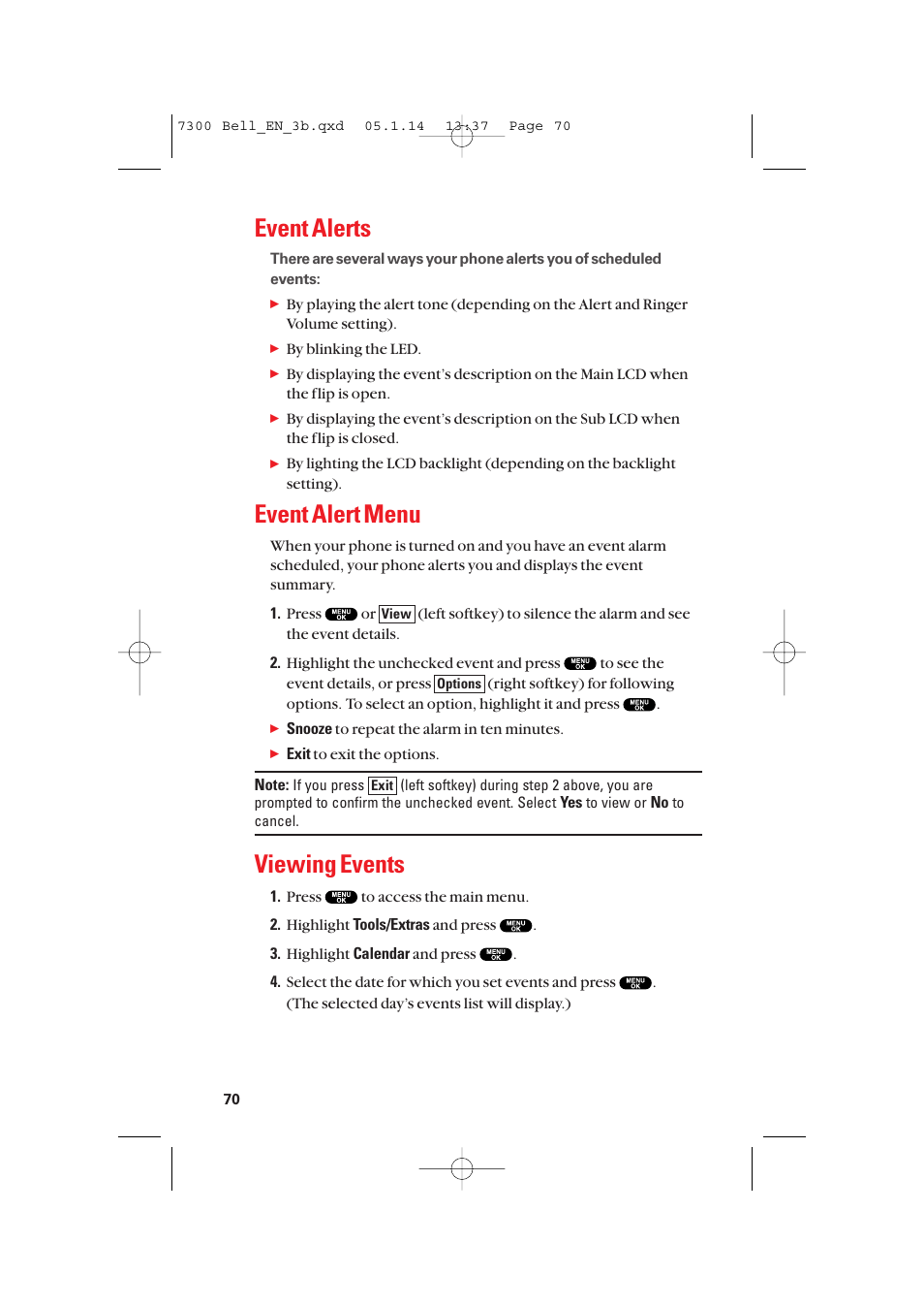 Event alerts, Event alert menu, Viewing events | Sanyo SCP-7300 User Manual | Page 78 / 161