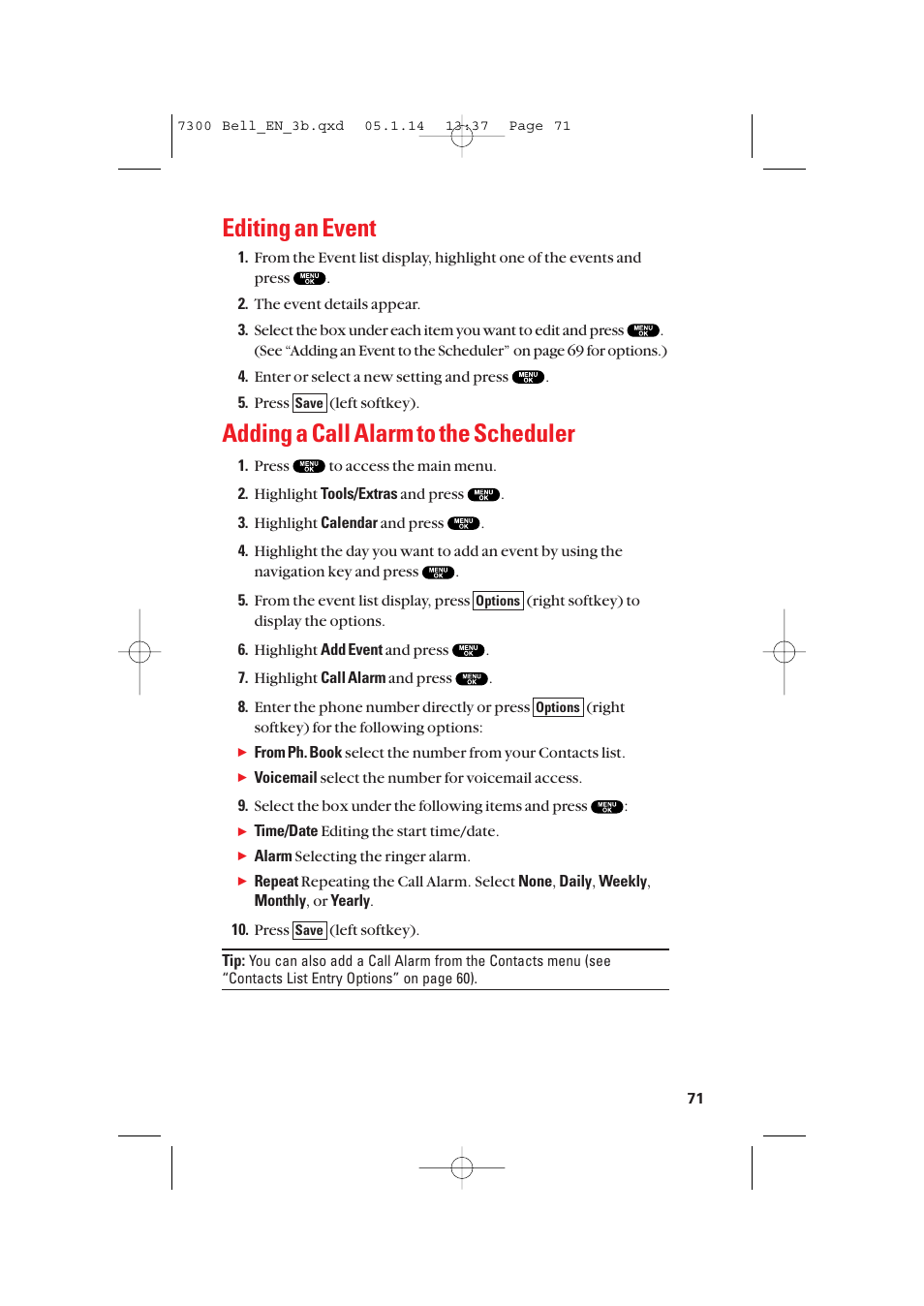 Editing an event, Adding a call alarm to the scheduler | Sanyo SCP-7300 User Manual | Page 79 / 161