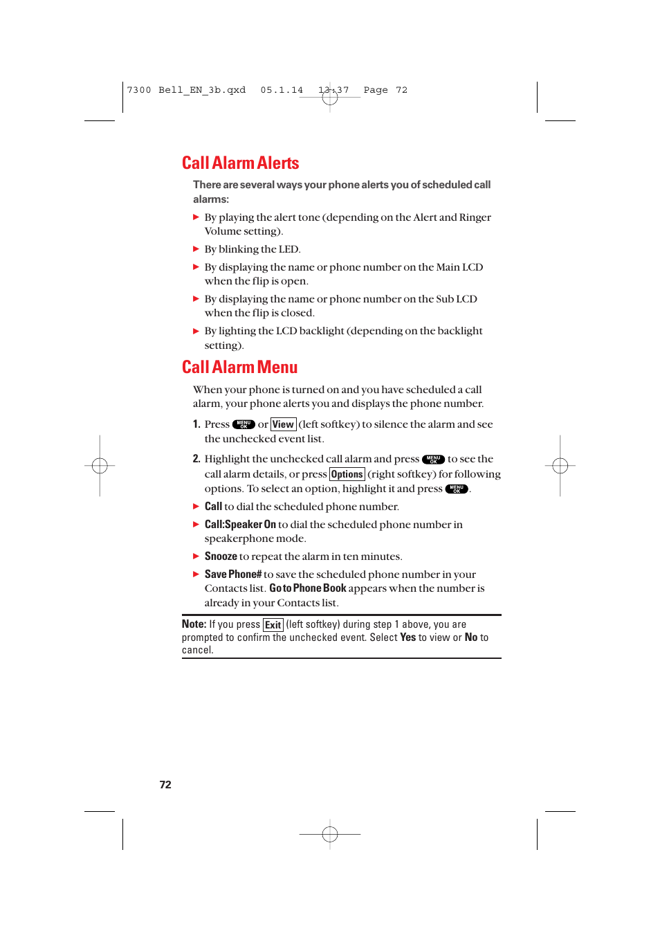 Call alarm alerts, Call alarm menu | Sanyo SCP-7300 User Manual | Page 80 / 161