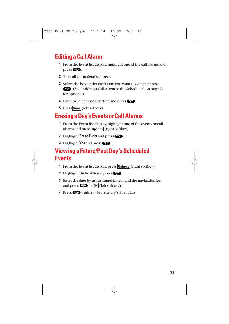 Editing a call alarm, Erasing a day’s events or call alarms, Viewing a future/past day ’s scheduled events | Sanyo SCP-7300 User Manual | Page 81 / 161