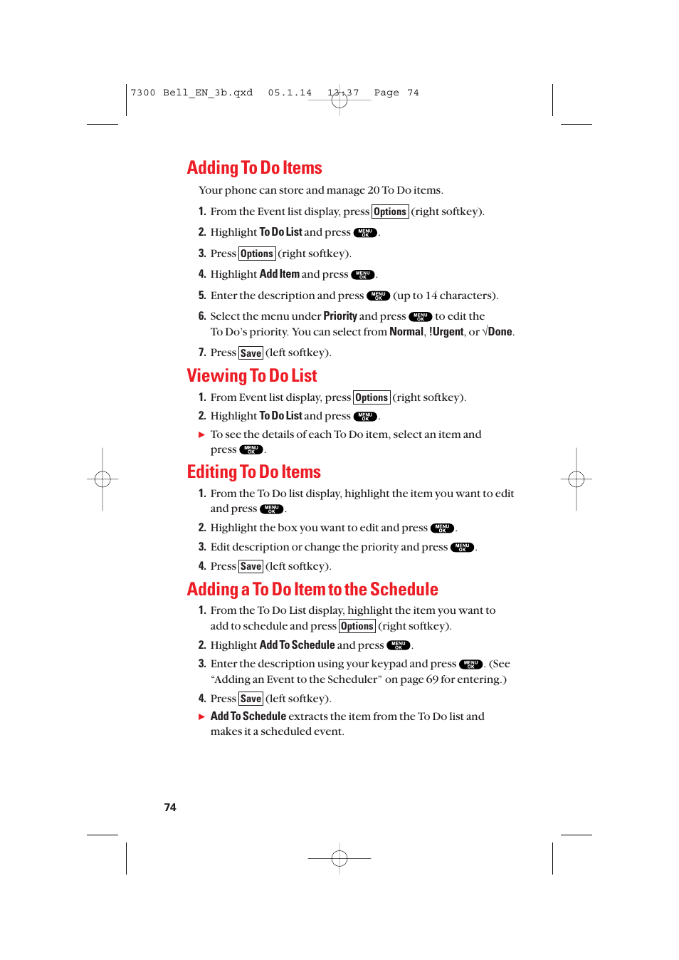 Adding to do items, Viewing to do list, Editing to do items | Adding a to do item to the schedule | Sanyo SCP-7300 User Manual | Page 82 / 161