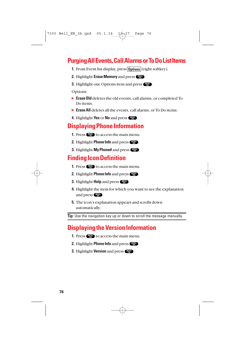 Displaying phone information, Finding icon definition, Displaying the version information | Sanyo SCP-7300 User Manual | Page 84 / 161